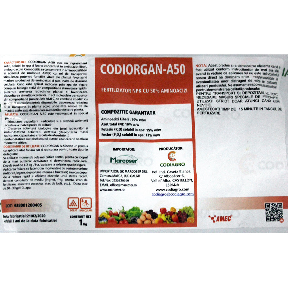Codiorgan A-50 1 Kg Ingrasamant Radicular/ Foliar Npk+ Microelemente, Codiagro, Pentru Dezvoltarea Radacinilor Si Marirea Rapida A Fructelor