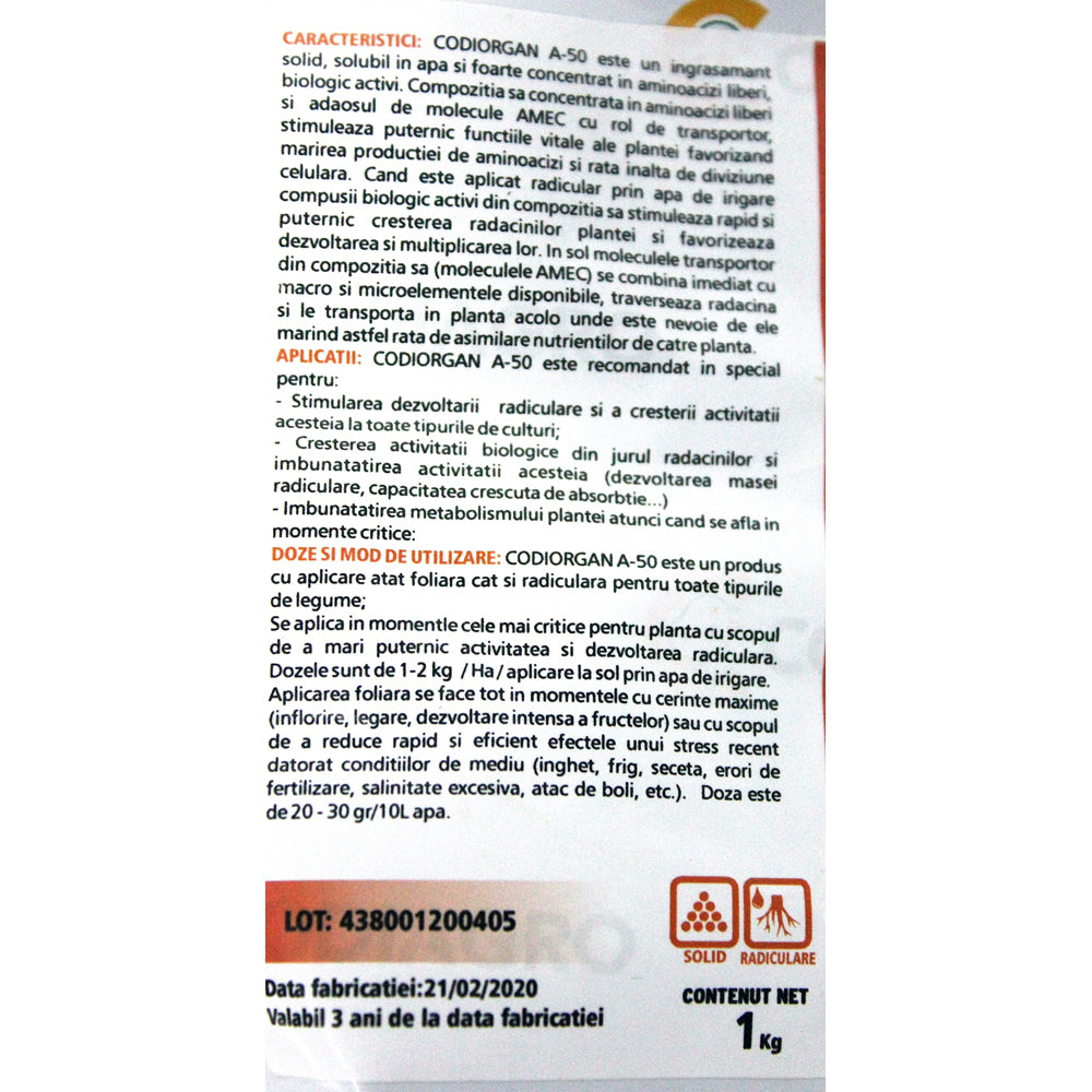 Codiorgan A-50 1 Kg Ingrasamant Radicular/ Foliar Npk+ Microelemente, Codiagro, Pentru Dezvoltarea Radacinilor Si Marirea Rapida A Fructelor