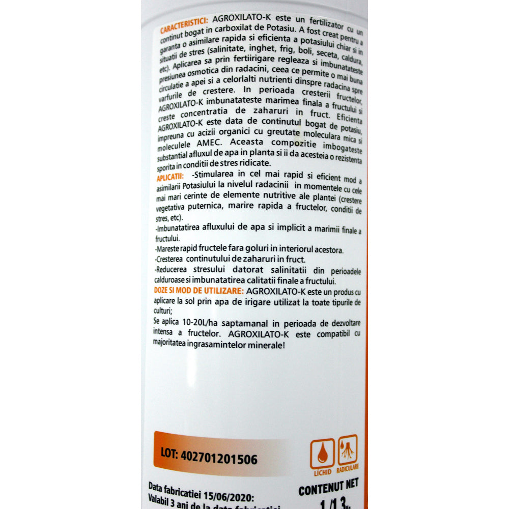 Agroxilato-K 1L Ingrasamant Radicular Pe Baza De Potasiu Codiagro (Pentru Marirea Rapida A Fructelor, Rezistenta La Transport Si Depozitare)
