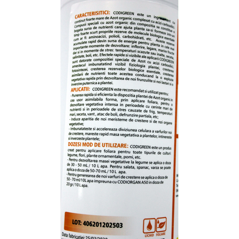 Codigreen 1L Ingrasamant Organic Foliar Cu Azot Codiagro (Legume, Citrice, Pomi Fructiferi, Maslini)