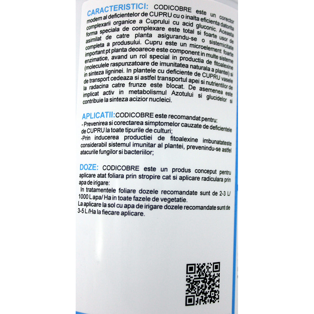 Codicobre 1L Ingrasamant Foliar Si Radicular Pe Baza De Cupru Cu Efect De Preventie A Ciupercilor Si Bacteriilor, Codiagro