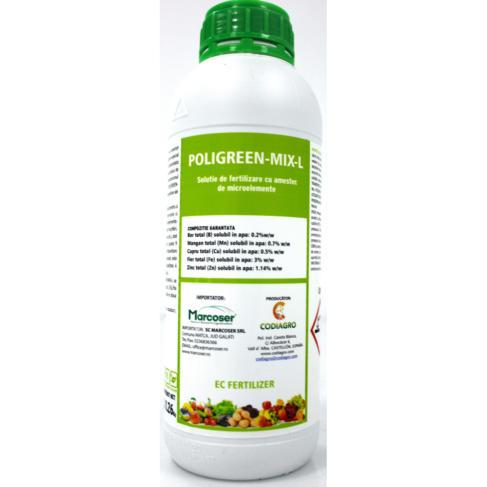 Poligreen-Mix-L 1L Fertilizant Lichid Radicular/ Foliar Codiagro Cu Microelemente Bor, Mangan, Cupru, Fier, Zinc (Legume, Plante Ornamentale, Rasaduri, Pomi, Vita De Vie)