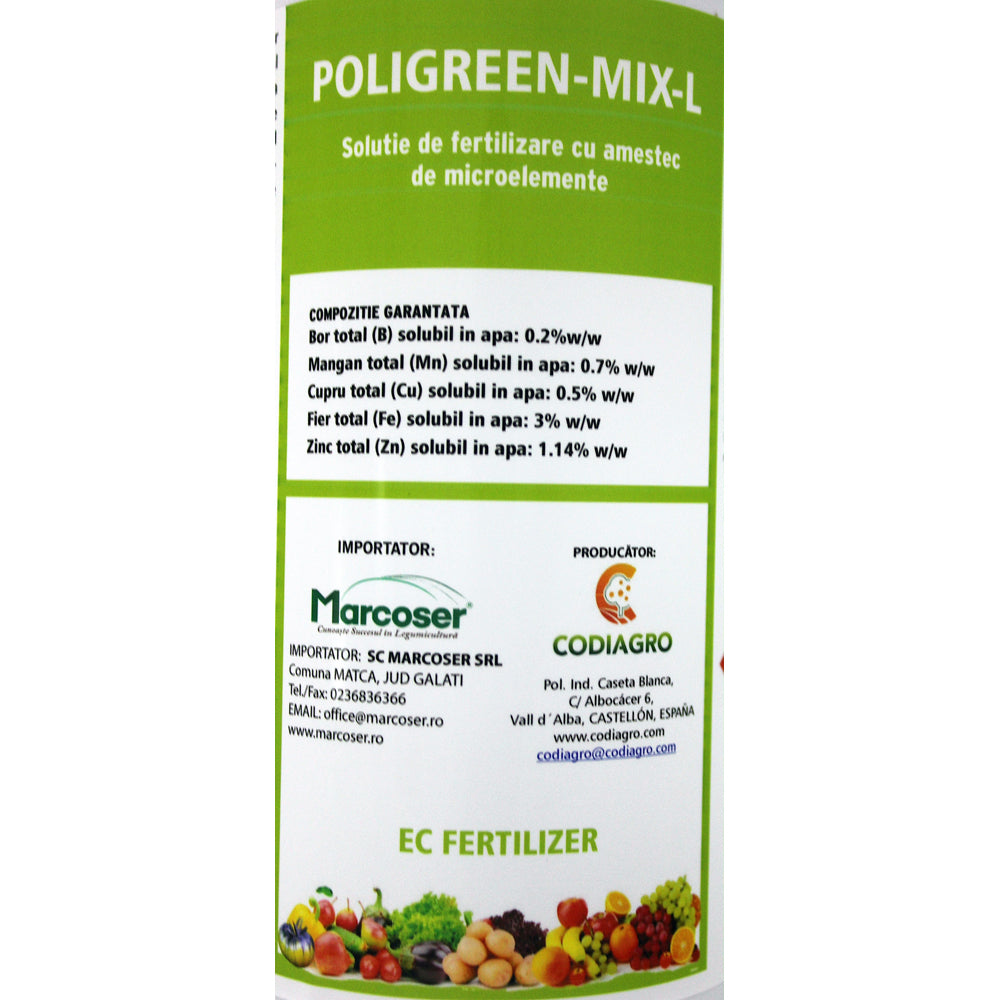 Poligreen-Mix-L 1L Fertilizant Lichid Radicular/ Foliar Codiagro Cu Microelemente Bor, Mangan, Cupru, Fier, Zinc (Legume, Plante Ornamentale, Rasaduri, Pomi, Vita De Vie)