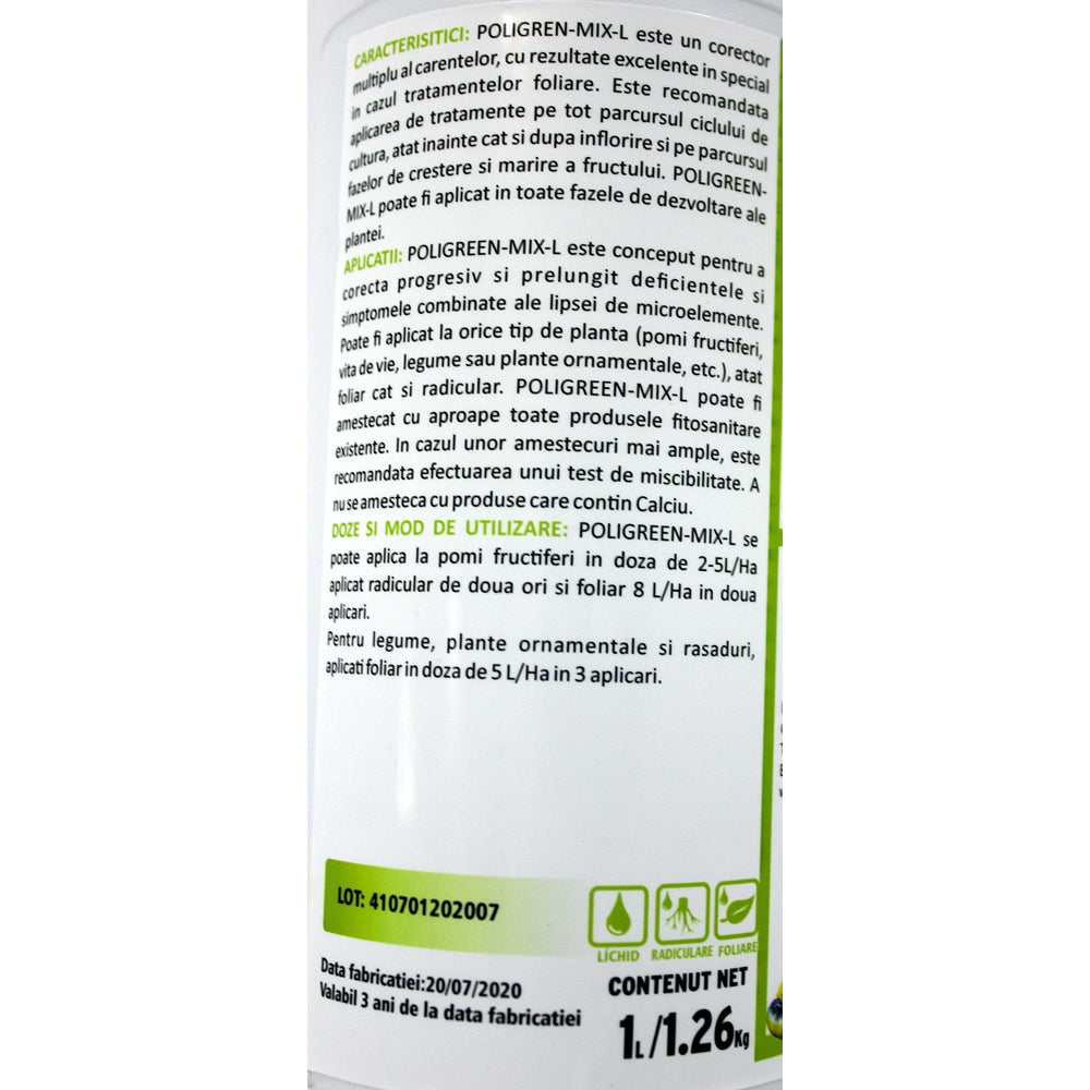 Poligreen-Mix-L 1L Fertilizant Lichid Radicular/ Foliar Codiagro Cu Microelemente Bor, Mangan, Cupru, Fier, Zinc (Legume, Plante Ornamentale, Rasaduri, Pomi, Vita De Vie)