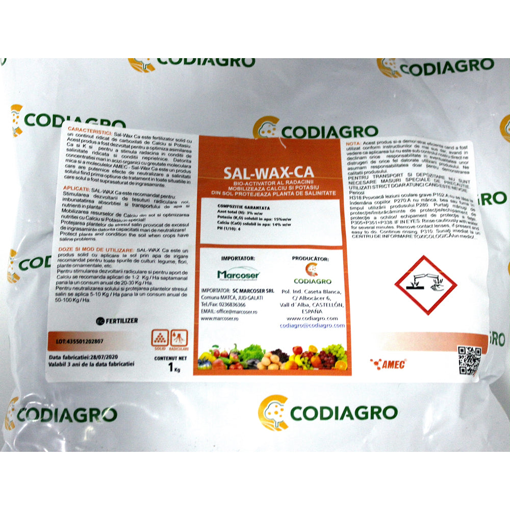 Sal-Wax-Ca 1 Kg Fertilizant/Stimulator Radicular Codiagro Cu Potasiu Si Calciu + Microelemente Pentru Neutralizarea Sarurilor Toxice Din Sol, Dezvoltarea Radacinilor