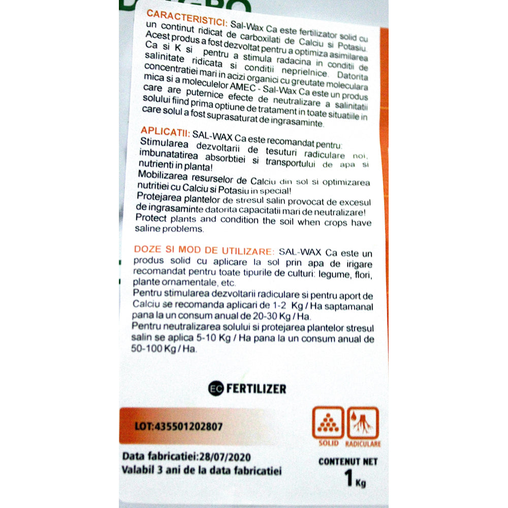 Sal-Wax-Ca 1 Kg Fertilizant/Stimulator Radicular Codiagro Cu Potasiu Si Calciu + Microelemente Pentru Neutralizarea Sarurilor Toxice Din Sol, Dezvoltarea Radacinilor
