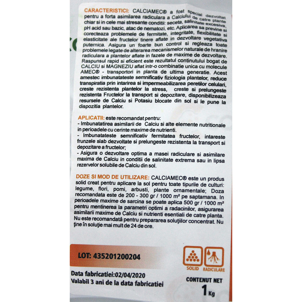 Calciamec 1 Kg Ingrasamant Radicular Codiagro Cu Magneziu Si Calciu Pentru Rezistenta Fructelor La Transport Si Depozitare, Imbunatateste Fermitatea Fructelor 