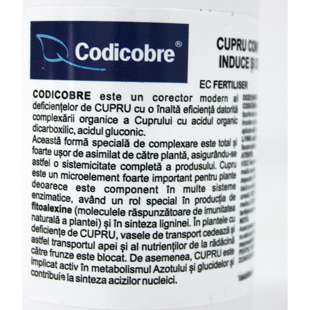 Codicobre 250 Ml Ingrasamant Foliar Si Radicular Pe Baza De Cupru Cu Efect De Preventie A Ciupercilor Si Bacteriilor, Codiagro