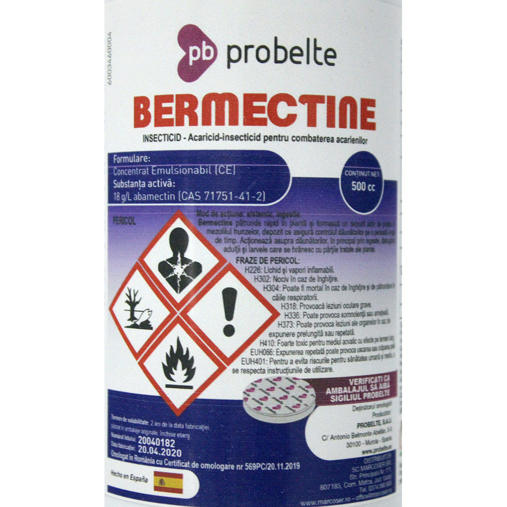 Bermectine 500 Ml Insecto-Acaricid Sistemic Probelte (Vita De Vie, Legume, Pomi, Plante Ornamentale, Capsune, Pepene, Porumb, Flori)