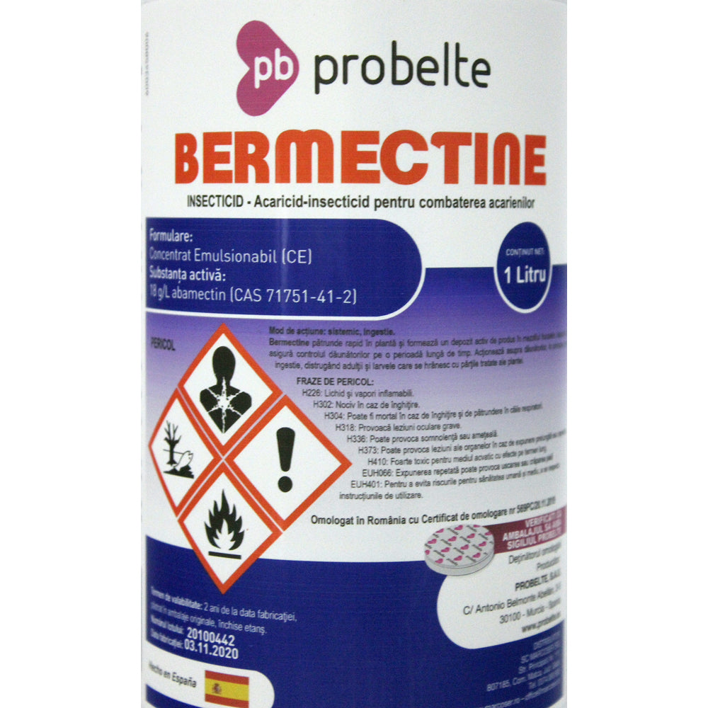 Bermectine 1L Insecto-Acaricid Sistemic Probelte (Vita De Vie, Legume, Pomi, Plante Ornamentale, Capsune, Pepene, Porumb, Flori)