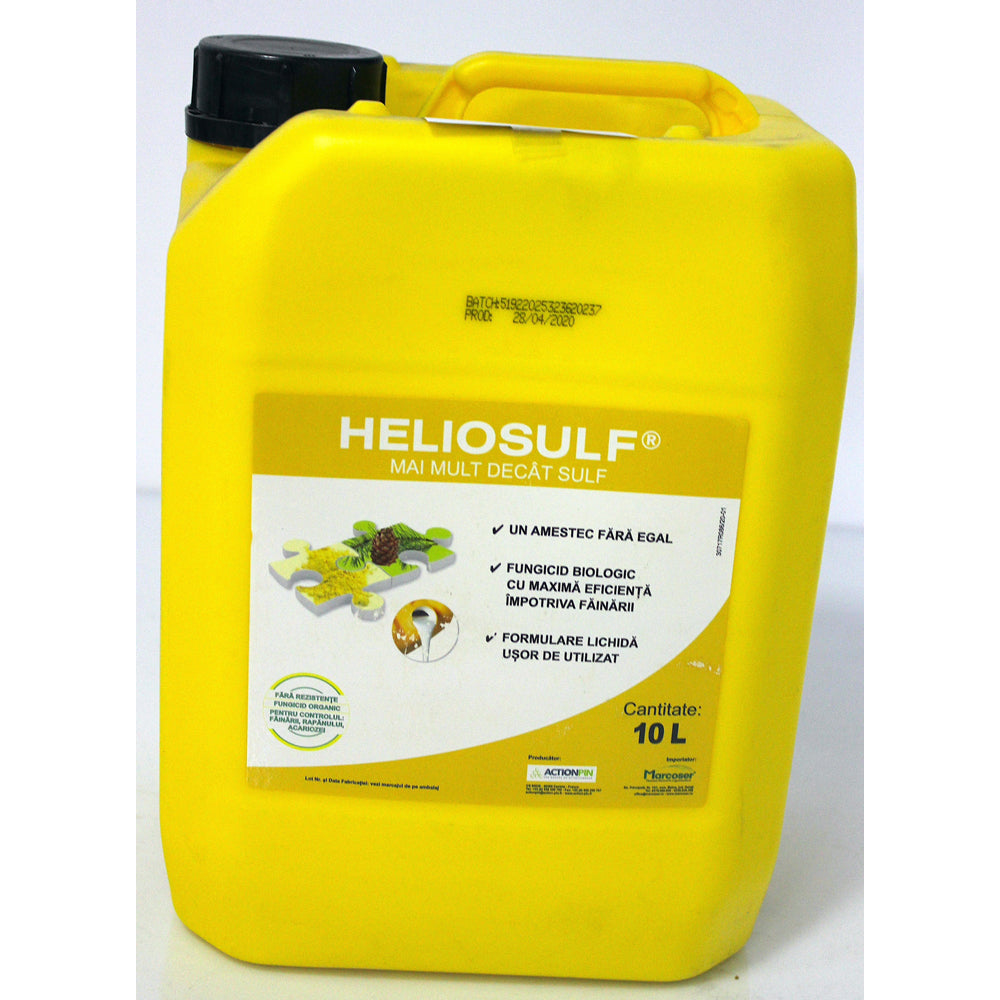 Heliosulf 10 L Fungicid Organic Impotriva Fainarii Pe Baza De Sulf (Vita De Vie, Piersic, Telina, Pepene Galben, Fasole, Mazare, Hamei, Spanac, Mar, Alun, Orz, Arbori Si Arbusti, Castraveti, Capsun)