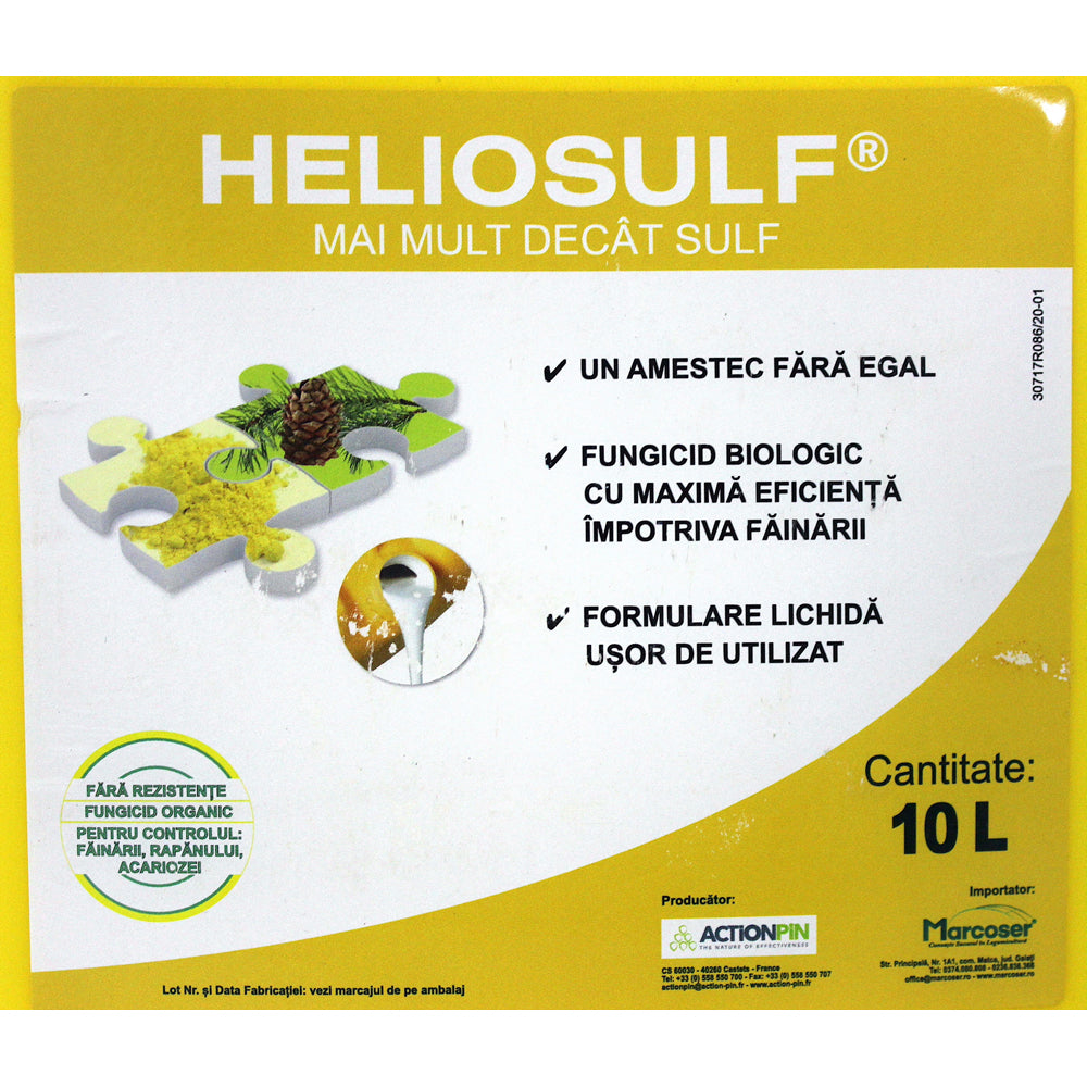 Heliosulf 10 L Fungicid Organic Impotriva Fainarii Pe Baza De Sulf (Vita De Vie, Piersic, Telina, Pepene Galben, Fasole, Mazare, Hamei, Spanac, Mar, Alun, Orz, Arbori Si Arbusti, Castraveti, Capsun)
