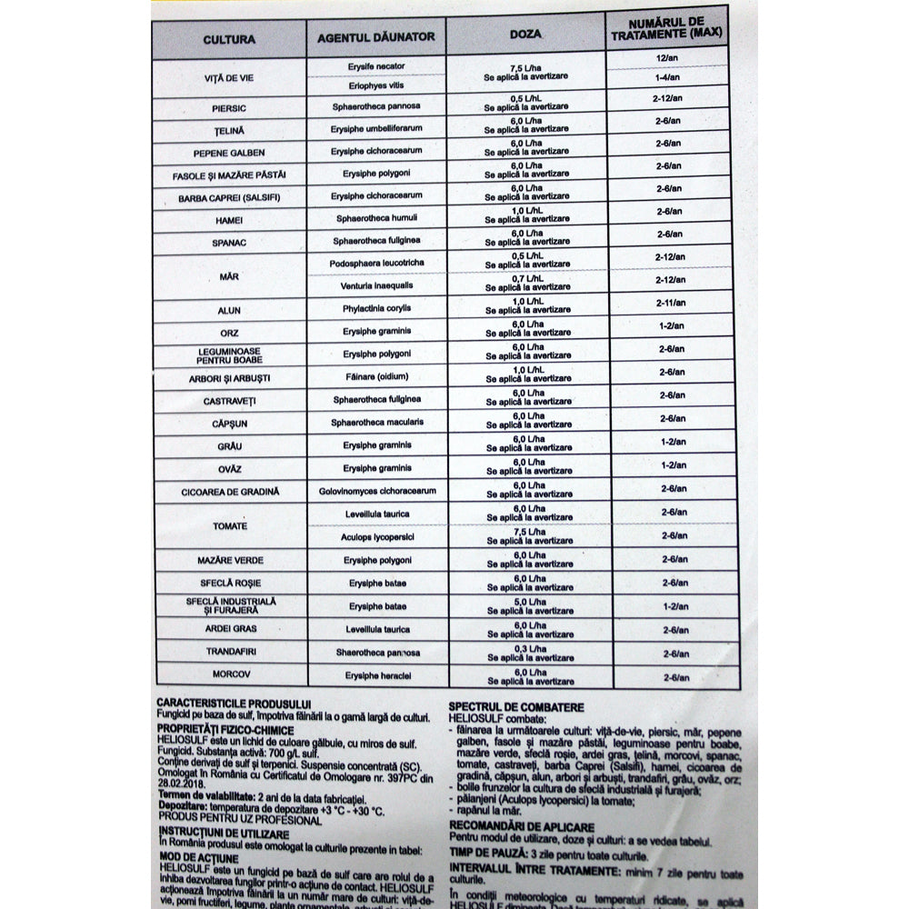 Heliosulf 10 L Fungicid Organic Impotriva Fainarii Pe Baza De Sulf (Vita De Vie, Piersic, Telina, Pepene Galben, Fasole, Mazare, Hamei, Spanac, Mar, Alun, Orz, Arbori Si Arbusti, Castraveti, Capsun)