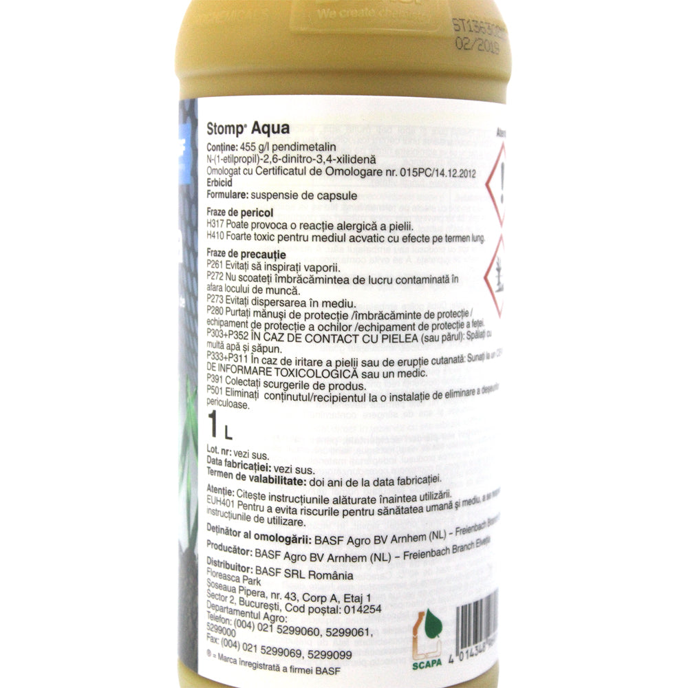 Stomp Aqua 1L, Erbicid Preemergent Selectiv, Basf, Combate Buruienile Monocotiledonate Anuale Si Unele Dicotiledonate Anuale In Culturile De Porumb, Floarea Soarelui, Grau, Ceapa, Vita De Vie, Pomi Fructiferi, Tomate, Orz, Cartof