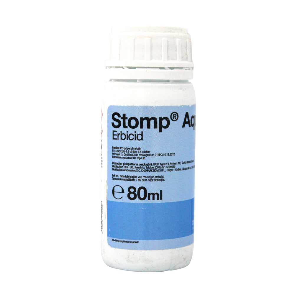 Stomp Aqua 80 Ml, Erbicid Preemergent Selectiv, Basf, Combate Buruienile Monocotiledonate Anuale Si Unele Dicotiledonate Anuale In Culturile De Porumb, Floarea Soarelui, Grau, Ceapa, Vita De Vie, Pomi Fructiferi, Tomate, Orz, Cartof