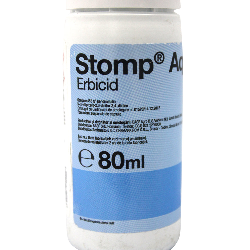 Stomp Aqua 80 Ml, Erbicid Preemergent Selectiv, Basf, Combate Buruienile Monocotiledonate Anuale Si Unele Dicotiledonate Anuale In Culturile De Porumb, Floarea Soarelui, Grau, Ceapa, Vita De Vie, Pomi Fructiferi, Tomate, Orz, Cartof