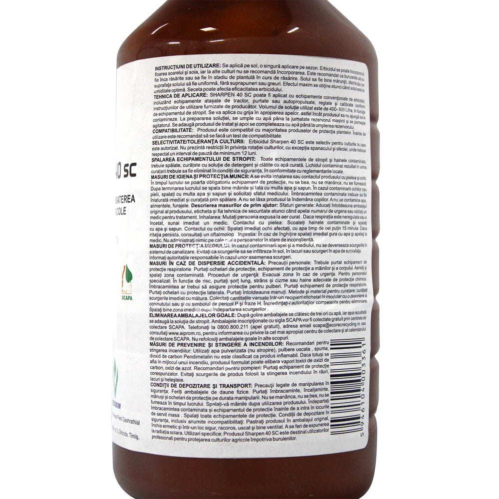 Sharpen 40Sc 1L, Erbicid Preemergent/ Postemergent, Sharda, Buruieni Monocotiledonate Si Dicotiledonate In Cultura De Porumb, Vita De Vie, Floarea Soarelui, Tomate, Mazare, Ceapa, Usturoi, Brasicaceae, Grau, Orz, Triticale, Livezi, Morcov