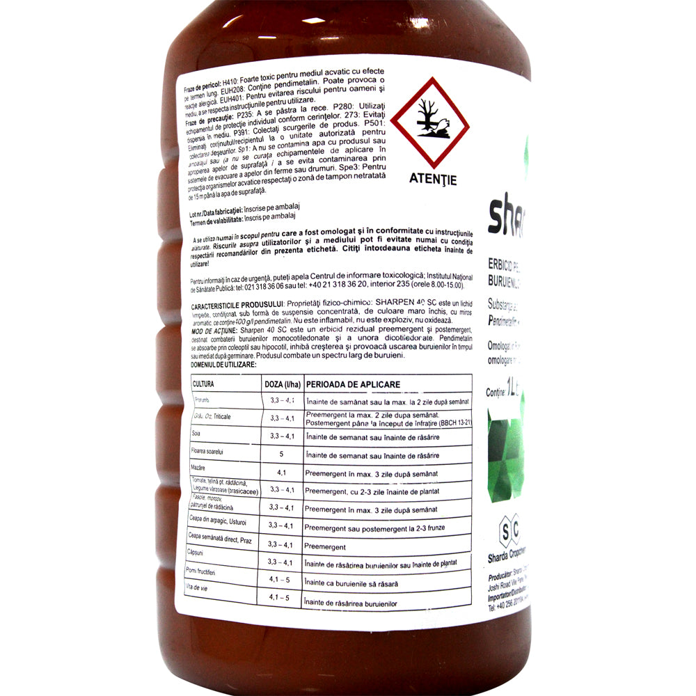Sharpen 40Sc 1L, Erbicid Preemergent/ Postemergent, Sharda, Buruieni Monocotiledonate Si Dicotiledonate In Cultura De Porumb, Vita De Vie, Floarea Soarelui, Tomate, Mazare, Ceapa, Usturoi, Brasicaceae, Grau, Orz, Triticale, Livezi, Morcov