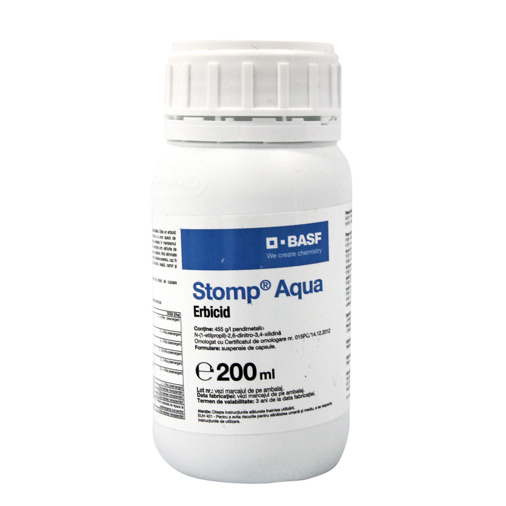 Stomp Aqua 200 Ml, Erbicid Preemergent Selectiv, Basf, Combate Buruienile Monocotiledonate Anuale Si Unele Dicotiledonate Anuale In Culturile De Porumb, Floarea Soarelui, Grau, Ceapa, Vita De Vie, Pomi Fructiferi, Tomate, Orz, Cartof