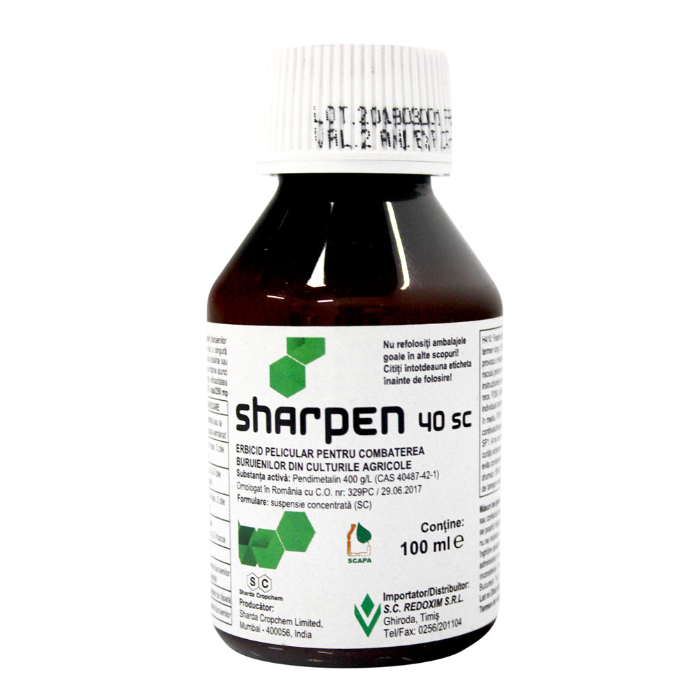 Sharpen 40Sc 100 Ml, Erbicid Preemergent/ Postemergent, Sharda, Buruieni Monocotiledonate Si Dicotiledonate In Cultura De Porumb, Vita De Vie, Floarea Soarelui, Tomate, Mazare, Ceapa, Usturoi, Brasicaceae, Grau, Orz, Triticale, Livezi, Morcov