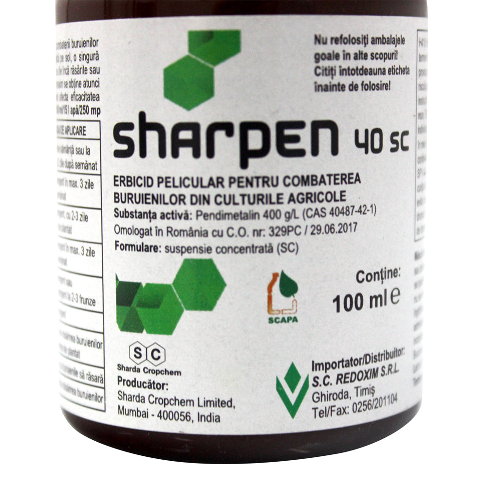 Sharpen 40Sc 100 Ml, Erbicid Preemergent/ Postemergent, Sharda, Buruieni Monocotiledonate Si Dicotiledonate In Cultura De Porumb, Vita De Vie, Floarea Soarelui, Tomate, Mazare, Ceapa, Usturoi, Brasicaceae, Grau, Orz, Triticale, Livezi, Morcov