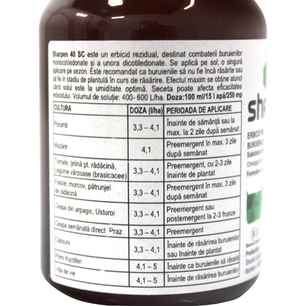 Sharpen 40Sc 100 Ml, Erbicid Preemergent/ Postemergent, Sharda, Buruieni Monocotiledonate Si Dicotiledonate In Cultura De Porumb, Vita De Vie, Floarea Soarelui, Tomate, Mazare, Ceapa, Usturoi, Brasicaceae, Grau, Orz, Triticale, Livezi, Morcov