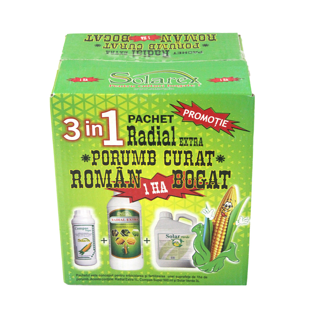 Pachet Radial Porumb Curat 1 Ha, Solarex, Contine Erbicid Pentru Buruieni Monocotiledonate Si Dicotiledonate (Radial Extra+ Compas Super) Si Ingrasamant Foliar (Solar Verde)