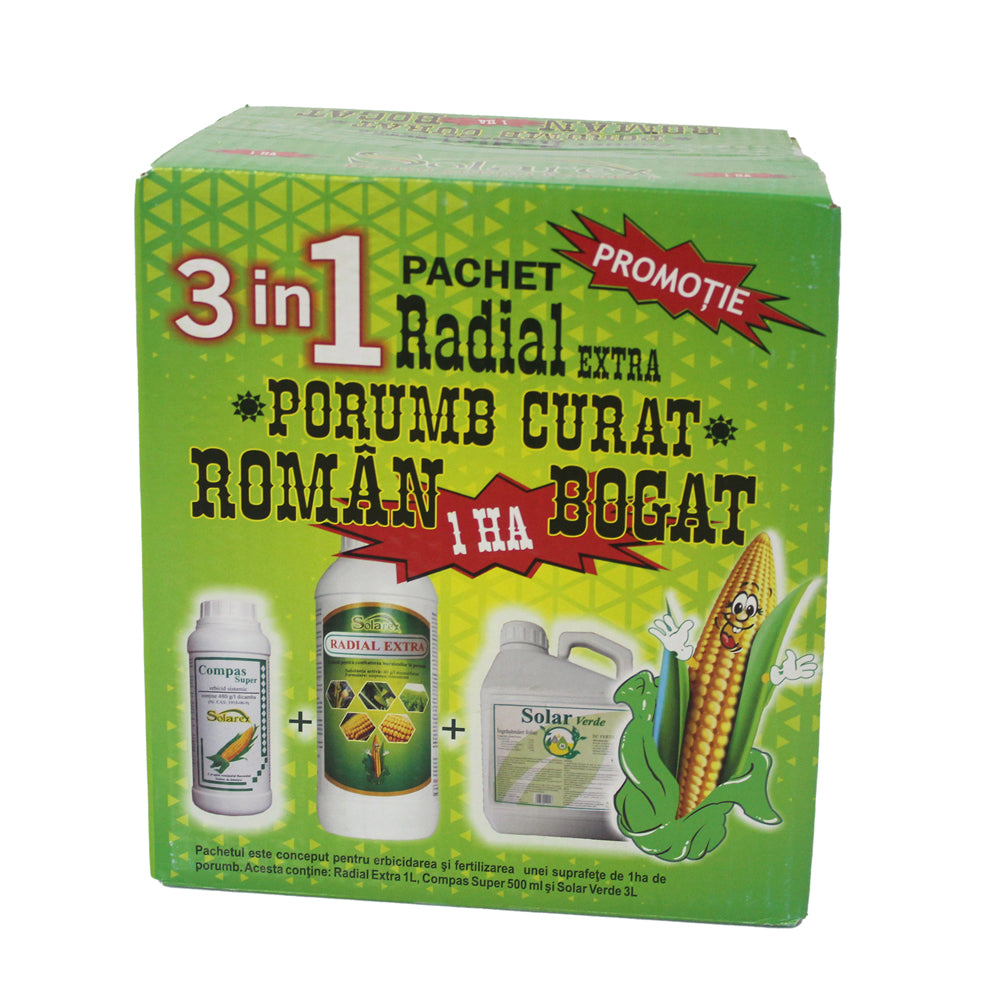 Pachet Radial Porumb Curat 1 Ha, Solarex, Contine Erbicid Pentru Buruieni Monocotiledonate Si Dicotiledonate (Radial Extra+ Compas Super) Si Ingrasamant Foliar (Solar Verde)