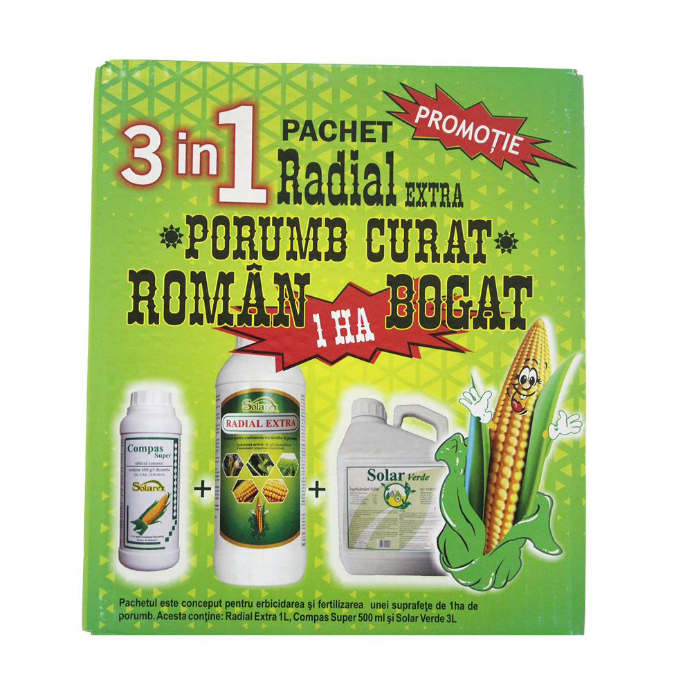 Pachet Radial Porumb Curat 1 Ha, Solarex, Contine Erbicid Pentru Buruieni Monocotiledonate Si Dicotiledonate (Radial Extra+ Compas Super) Si Ingrasamant Foliar (Solar Verde)
