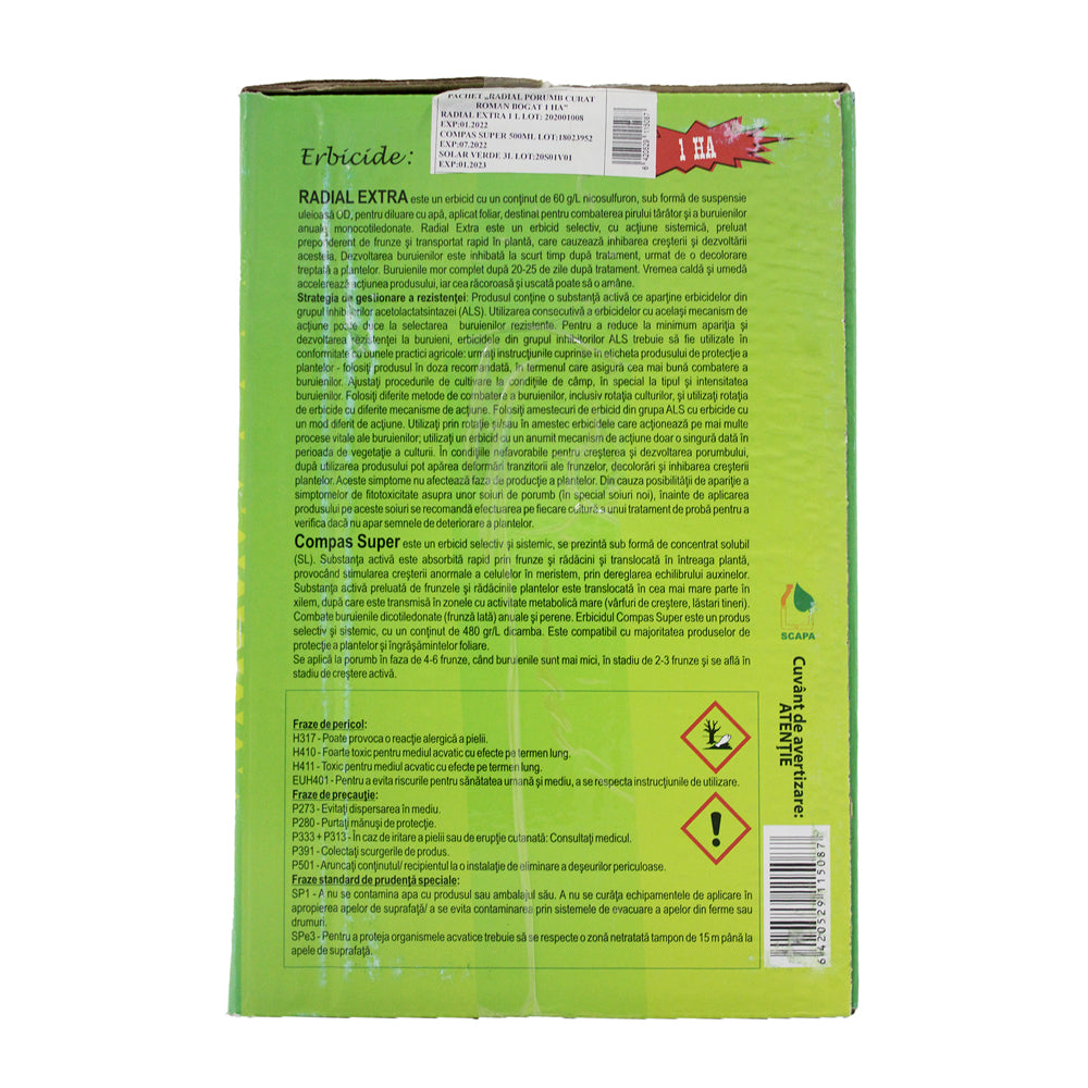 Pachet Radial Porumb Curat 1 Ha, Solarex, Contine Erbicid Pentru Buruieni Monocotiledonate Si Dicotiledonate (Radial Extra+ Compas Super) Si Ingrasamant Foliar (Solar Verde)