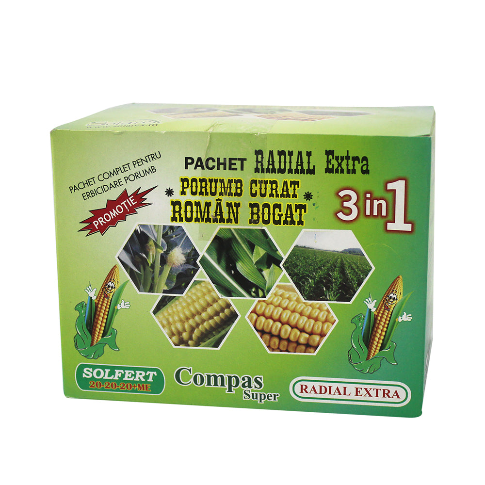 Pachet Radial Porumb Curat 10 Ari (0,1 Ha) , Solarex, Contine Erbicid Pentru Buruieni Monocotiledonate Si Dicotiledonate (Radial Extra+ Compas Super) Si Ingrasamant Foliar (Solar Verde)