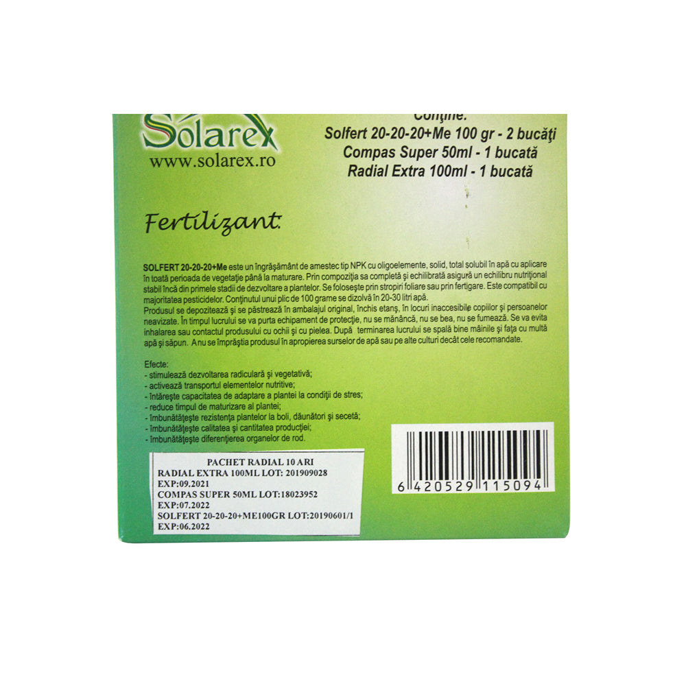 Pachet Radial Porumb Curat 10 Ari (0,1 Ha) , Solarex, Contine Erbicid Pentru Buruieni Monocotiledonate Si Dicotiledonate (Radial Extra+ Compas Super) Si Ingrasamant Foliar (Solar Verde)