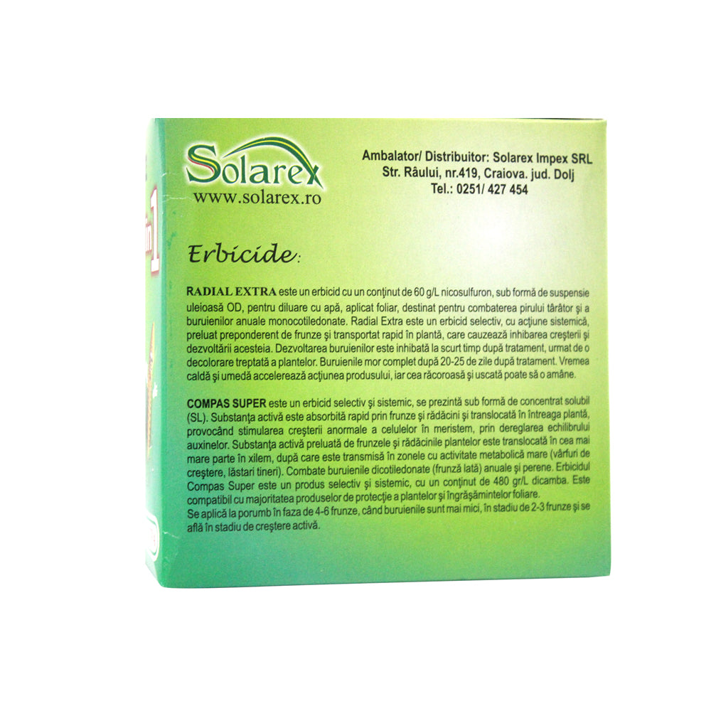 Pachet Radial Porumb Curat 10 Ari (0,1 Ha) , Solarex, Contine Erbicid Pentru Buruieni Monocotiledonate Si Dicotiledonate (Radial Extra+ Compas Super) Si Ingrasamant Foliar (Solar Verde)