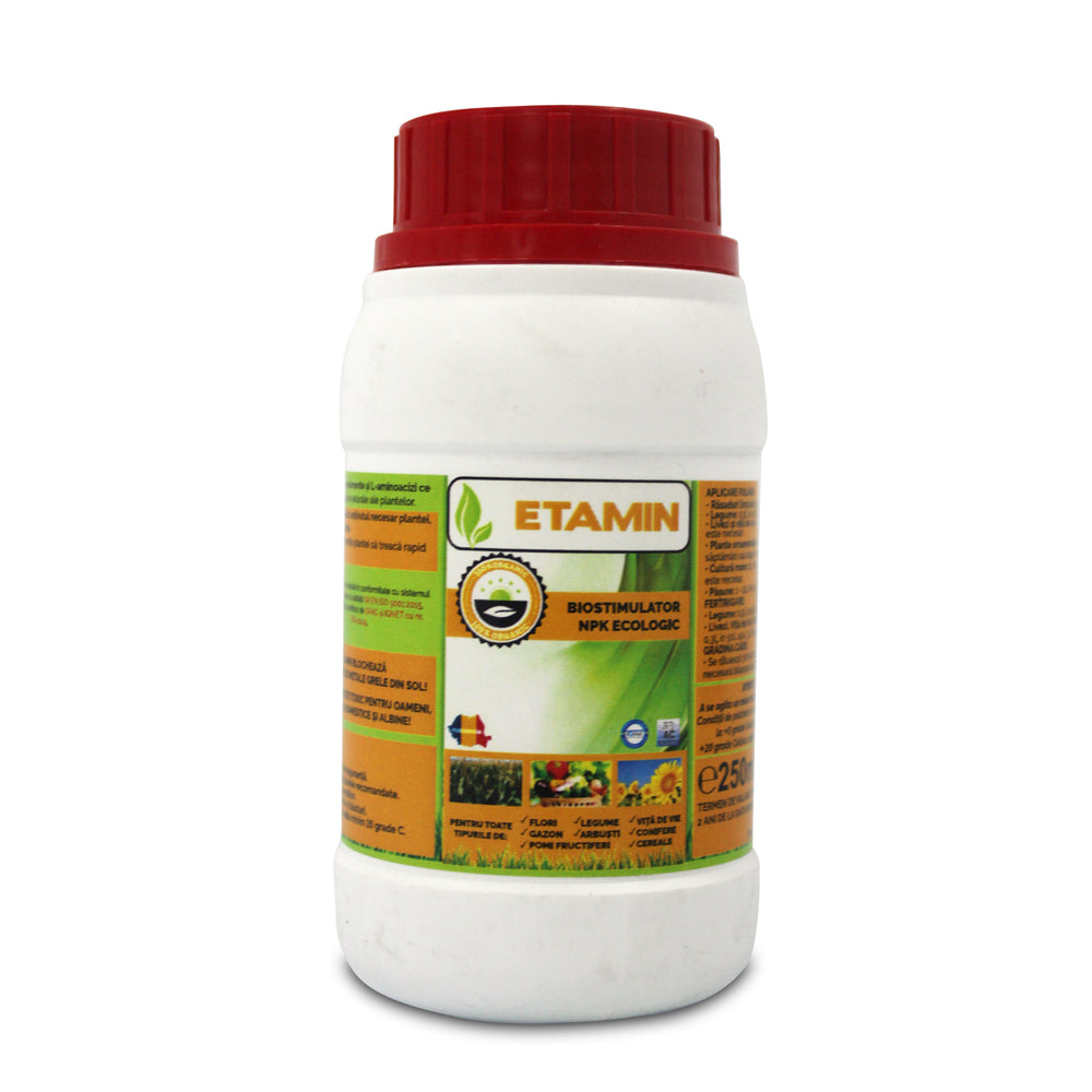 Etamin 250 Ml Biostimulator/ Ingrasamant Foliar Ecologic Bhs (Legume, Rasaduri, Pomi Fructiferi, Cereale, Flori, Gazon, Vita De Vie, Arbusti, Conifere)