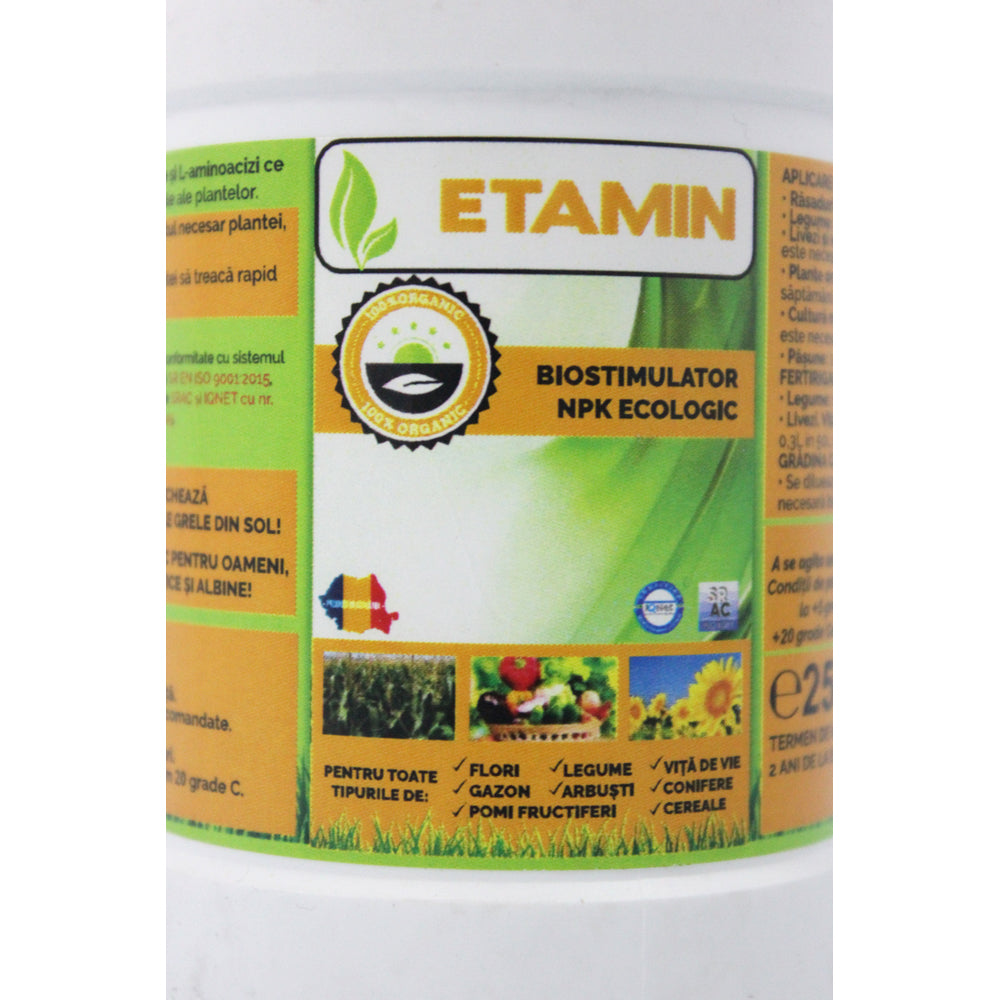 Etamin 250 Ml Biostimulator/ Ingrasamant Foliar Ecologic Bhs (Legume, Rasaduri, Pomi Fructiferi, Cereale, Flori, Gazon, Vita De Vie, Arbusti, Conifere)