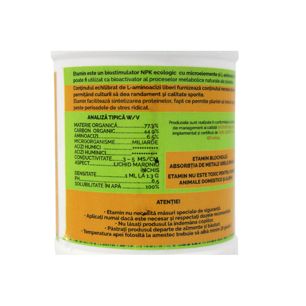 Etamin 250 Ml Biostimulator/ Ingrasamant Foliar Ecologic Bhs (Legume, Rasaduri, Pomi Fructiferi, Cereale, Flori, Gazon, Vita De Vie, Arbusti, Conifere)