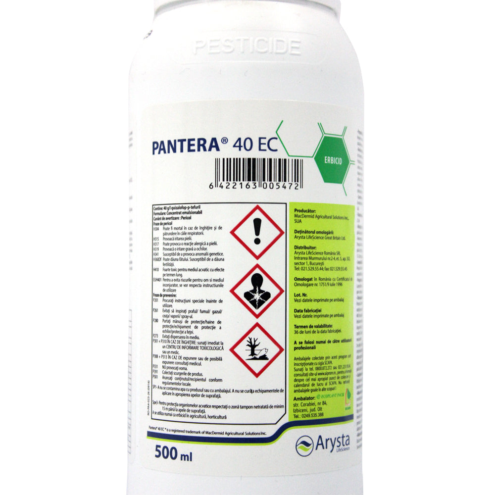 Pantera 40Ec 500 Ml, Erbicid Buruieni Graminee Anuale Si Perene, Arysta (Vita De Vie, Ardei, Bostan, Cartof, Castraveti, Dovleac, Fasole, Floarea Soarelui, Morcov, Pepeni, Rapita, Soia, Telina, Varza, Tomate)