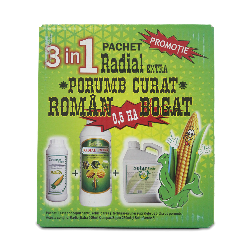 Pachet Radial Porumb Curat 0.5 Ha, Solarex, Contine Erbicid Pentru Buruieni Monocotiledonate Si Dicotiledonate (Radial Extra+ Compas Super) Si Ingrasamant Foliar (Solar Verde)