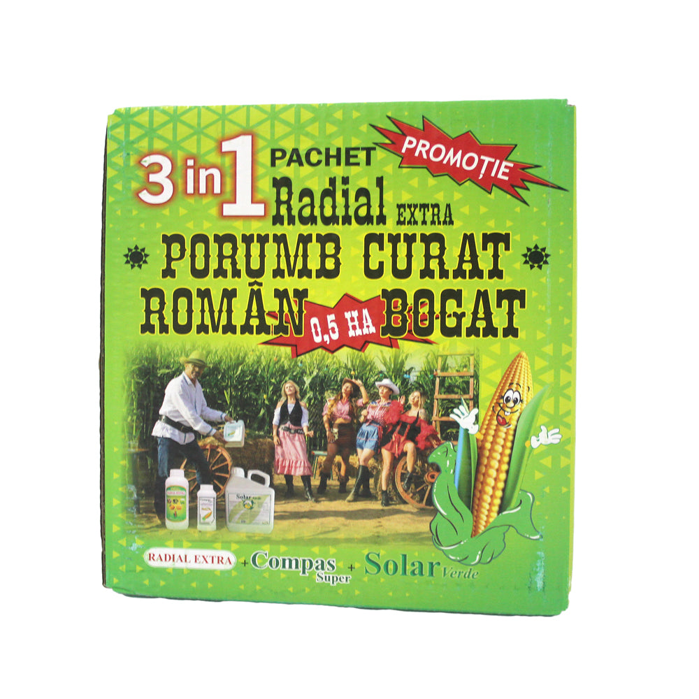 Pachet Radial Porumb Curat 0.5 Ha, Solarex, Contine Erbicid Pentru Buruieni Monocotiledonate Si Dicotiledonate (Radial Extra+ Compas Super) Si Ingrasamant Foliar (Solar Verde)