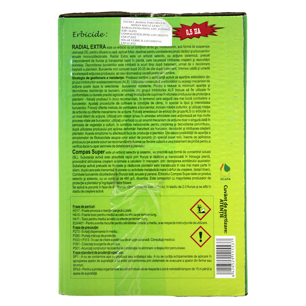 Pachet Radial Porumb Curat 0.5 Ha, Solarex, Contine Erbicid Pentru Buruieni Monocotiledonate Si Dicotiledonate (Radial Extra+ Compas Super) Si Ingrasamant Foliar (Solar Verde)