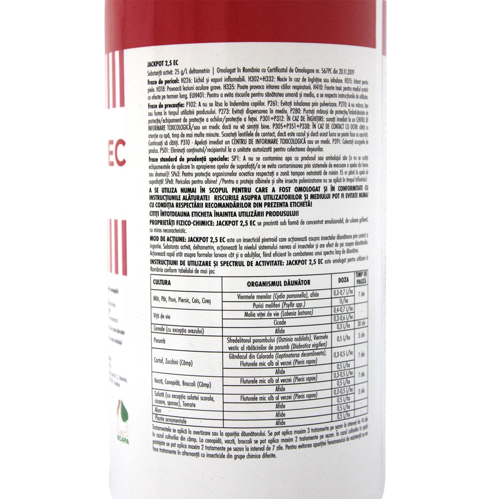 Jackpot 2.5Ec 1L Insecticid Contact, Ascenza (Mar, Par, Piersic, Cais, Prun, Cires, Vita De Vie, Conopida, Varza, Cartof, Salata, Tomate, Porumb, Cereale, Plante Ornamentale)