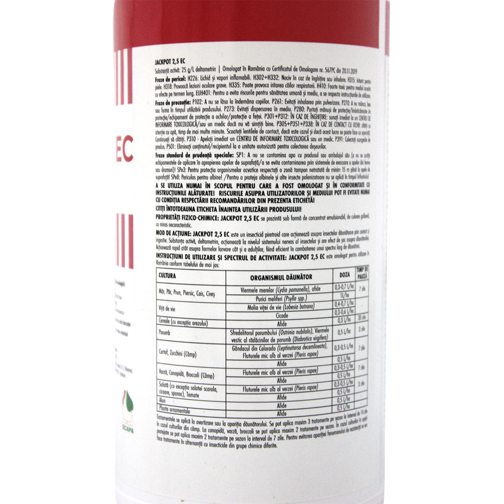Jackpot 2.5Ec 1L Insecticid Contact, Ascenza (Mar, Par, Piersic, Cais, Prun, Cires, Vita De Vie, Conopida, Varza, Cartof, Salata, Tomate, Porumb, Cereale, Plante Ornamentale)