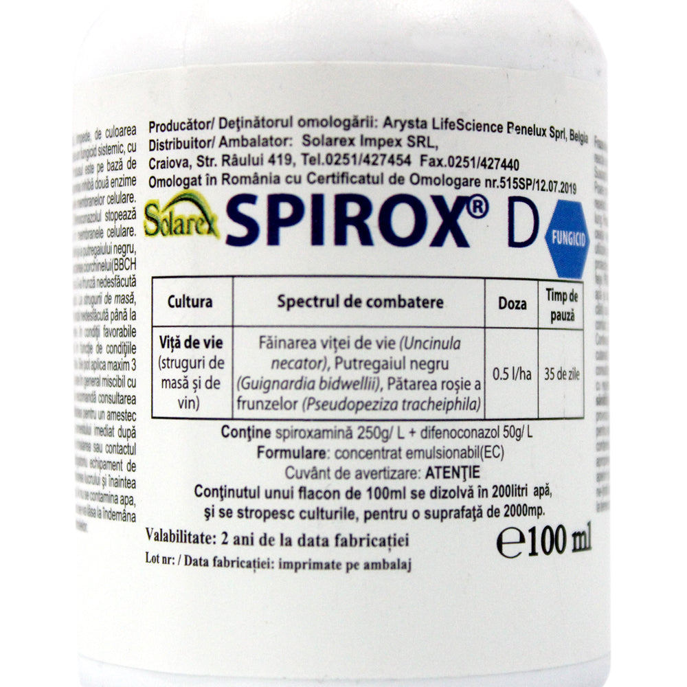 Spirox D 100 Ml, Fungicid Sistemic, Arysta, Vita De Vie (Fainare, Putregai Negru, Patarea Rosie A Frunzelor)
