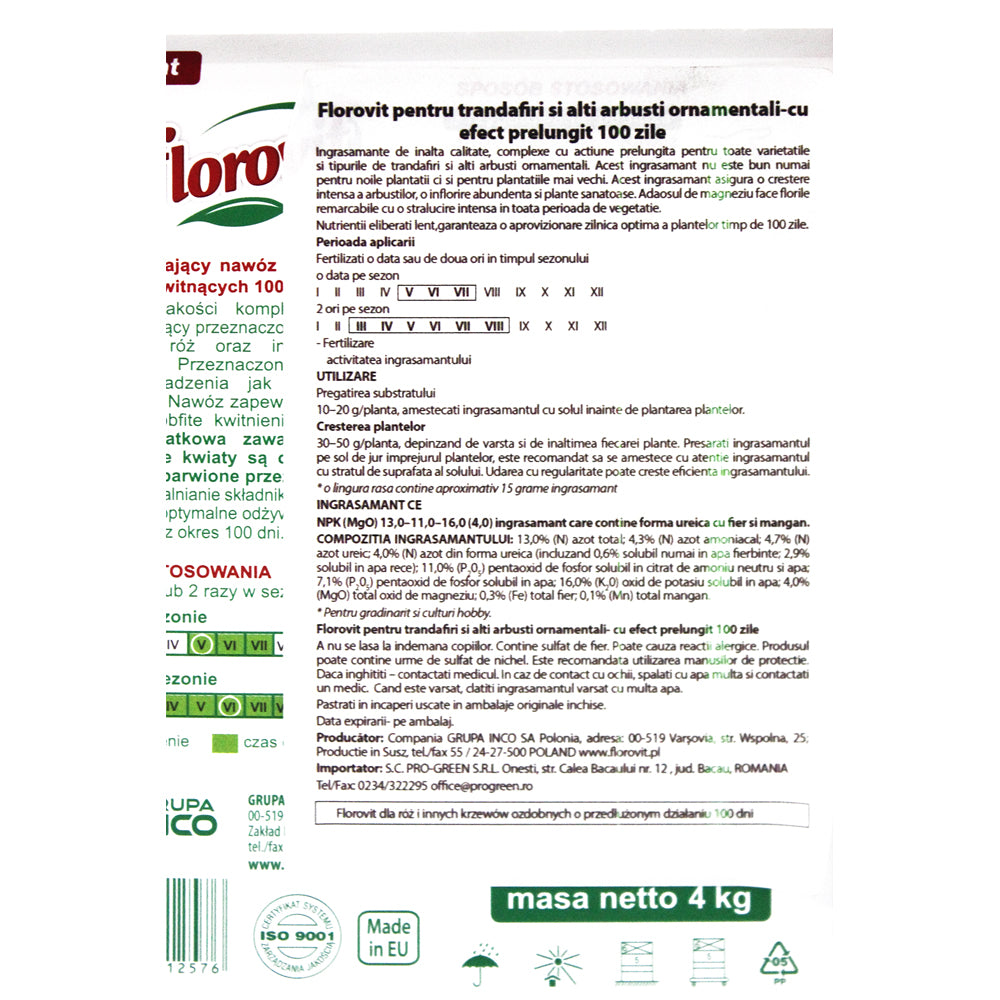Florovit Ingrasamant Pentru Trandafiri Si Arbusti Ornamentali Cu Efect Prelungit 4 Kg