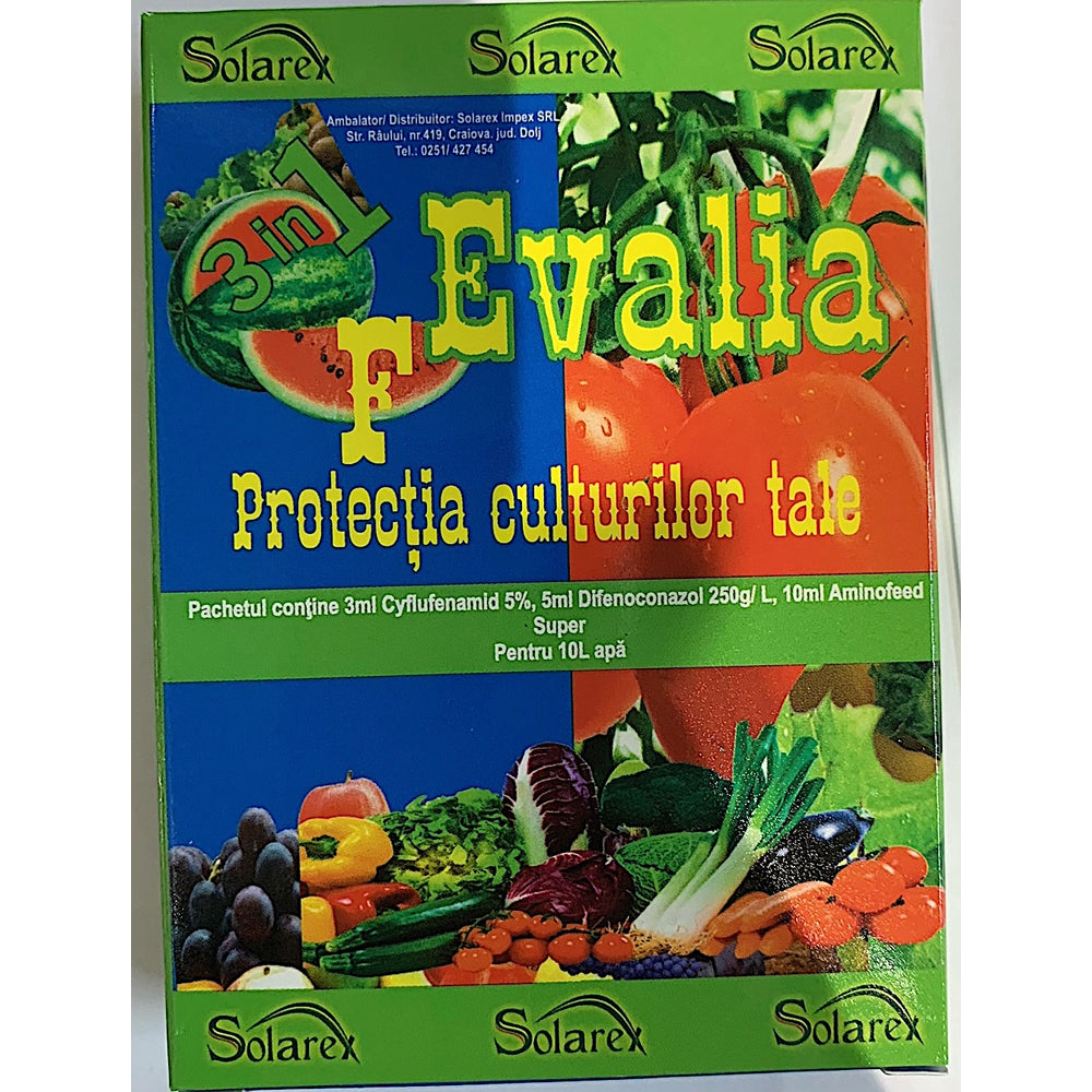 Pachet Evalia F Pentru 10L Apa, Solarex, Contine Fungicide (Cyflamid 5Ew+ Difcor) Si Ingrasamant Foliar (Aminofeed Super) Pentru Mar, Grau, Vita De Vie, Nap, Cicoare, Andive, Varza, Tomate, Leguminoase, Trandafiri)