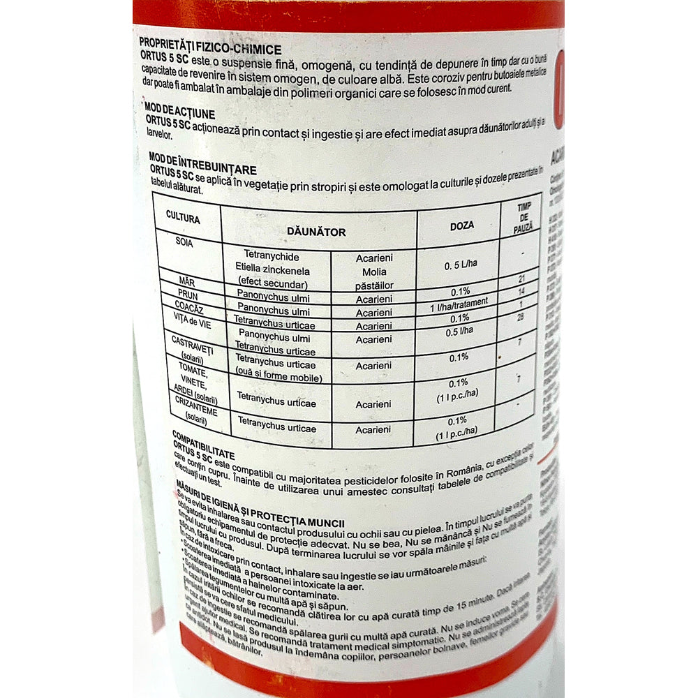 Ortus 5Sc 500 Ml Insecticid Acaricid (Vita De Vie, Soia, Crizanteme, Mar, Castraveti, Coacaz, Mar, Prun, Tomate, Vinete, Ardei) 