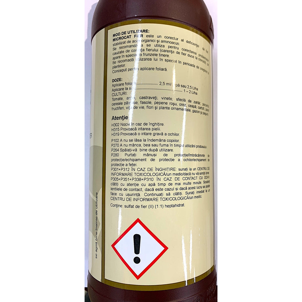 Microcat Fier 1L Ingrasamant Foliar Pentru Carente De Fier, Atlantica Agricola, Contine Fier, Azot, Aminoacizi, Acizi Organici (Grau, Porumb, Rapita, Floarea Soarelui, Cartof, Mazare, Pomi Fructiferi, Gazon, Vita De Vie)