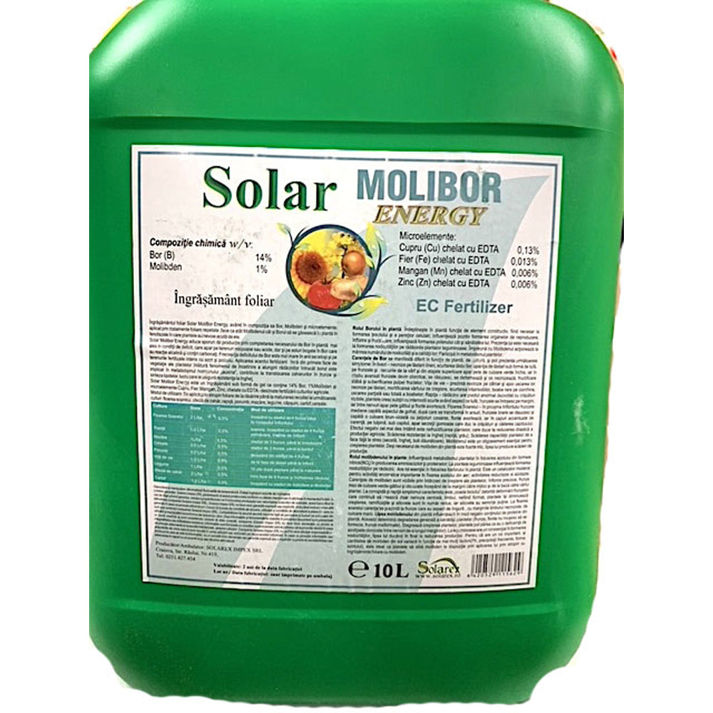 Solar Molibor Energy 10L, Ingrasamant Foliar Pe Baza De Bor, Solarex (Vita De Vie, Legume, Capsuni, Floarea Soarelui, Porumb, Rapita), Ajuta La Inflorire, Fructificare Si Producerea Polenului