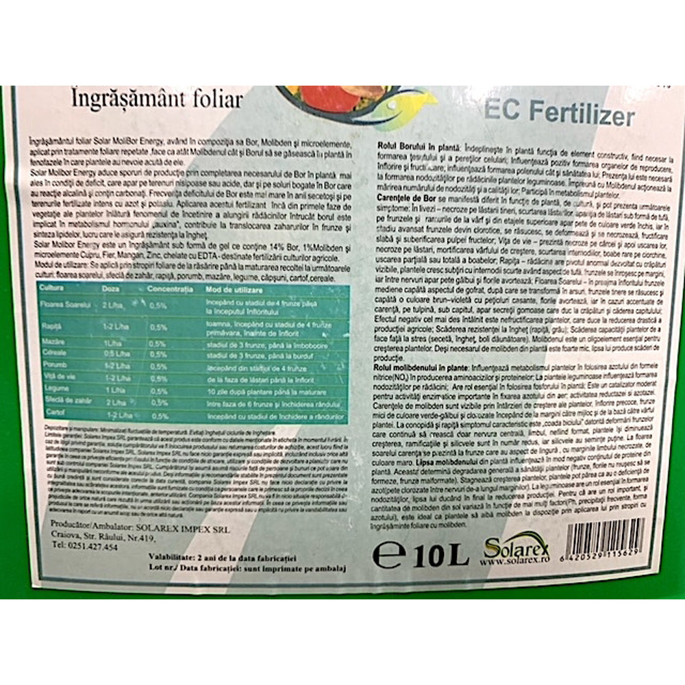 Solar Molibor Energy 10L, Ingrasamant Foliar Pe Baza De Bor, Solarex (Vita De Vie, Legume, Capsuni, Floarea Soarelui, Porumb, Rapita), Ajuta La Inflorire, Fructificare Si Producerea Polenului