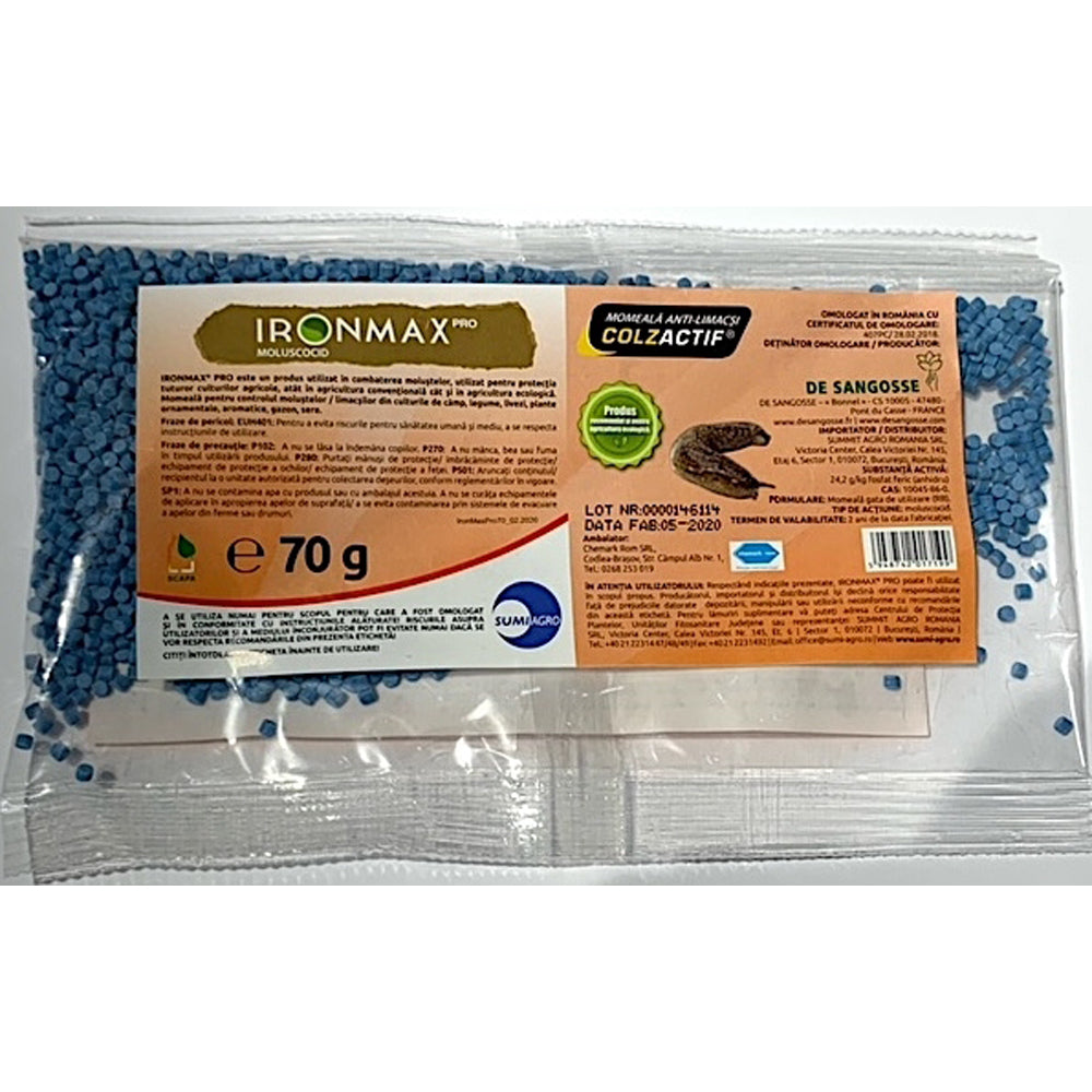 Ironmax Pro 70 Gr Moluscocid Biologic/ Ecologic , Sumi Agro, Pentru Melci/ Limacsi (Varza, Morcov, Telina, Ridichi, Salata, Spanac, Mazare, Fasole, Vinete, Dovleac, Cereale, Porumb, Rosii, Ardei, Pepene, Gazon)